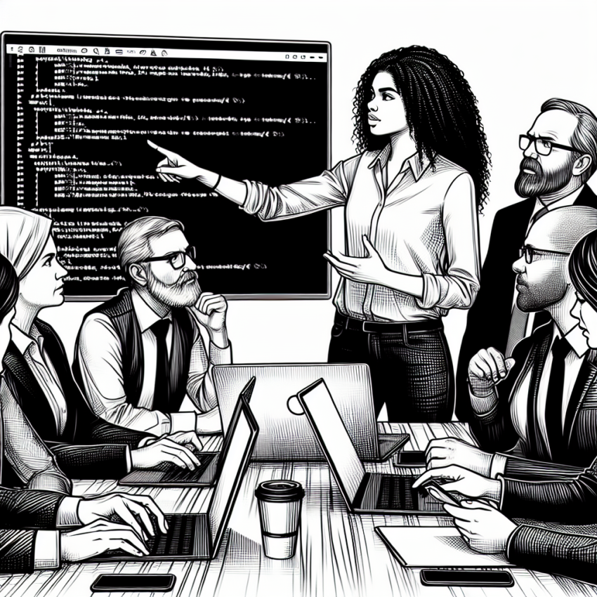 A junior developer confidently addresses the team during a tense meeting, pointing to a laptop screen displaying code, as senior team members listen intently, acknowledging the critical last-minute feedback that averts a looming tech crisis before the product launch.