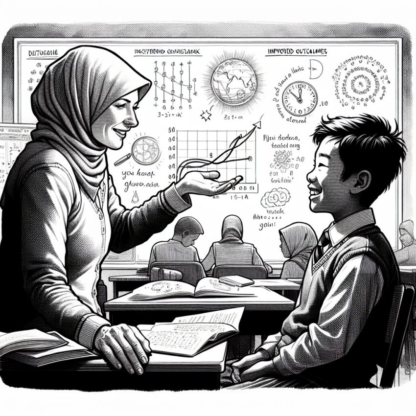 Teacher giving five‑minute formative feedback to a struggling student; the student brightens as classroom charts hint at improved outcomes and shifting grading norms.