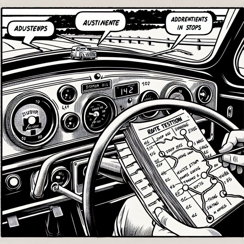 Handwritten route notes on a dashboard describe adjusted stops and fuel-saving tips that reduce fuel use and improve sustainability KPIs through continuous improvement.